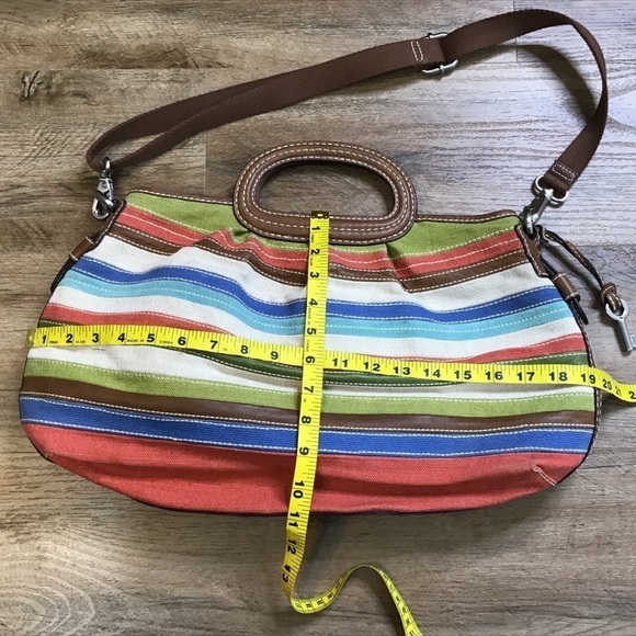FOSSIL Bag Tote Crossbody Purse Striped Canvas Leather Handles Striped Large - Picture 16 of 16